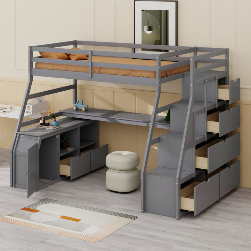 Lit mezzanine avec tiroirs, tablettes et bureau, Gris