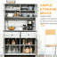 Buffet de cuisine gris cendré avec compartiment de rangement pour garde-manger, 4 tablettes, tiroirs, portes en verre, armoire fonctionnelle de 63,5 po, tablette de rangement, gris, espace ouvert pour micro-ondes