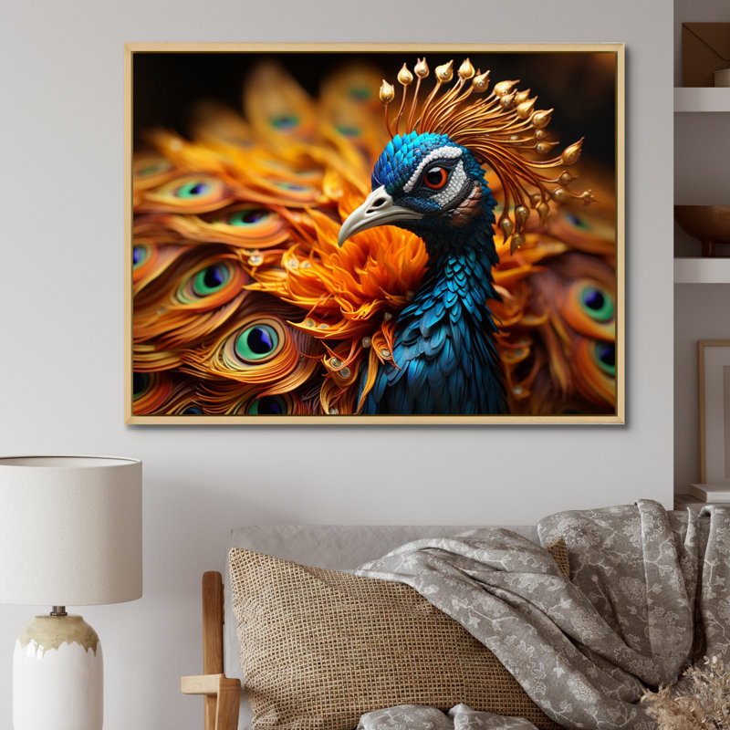 Gros plan sur un paon - animaux, impressions sur toile, H 24 po x l 32 po x P 1 po, Cadre flottant brun