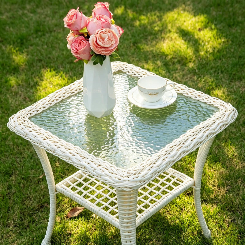 Outdoor Wicker Side Table, All-weather Rattan Patio Side Table Bistro Table With 2-tier, Tempered Glass Top Square End Table For Indoor, Balcony, Garden, Porch, Deck