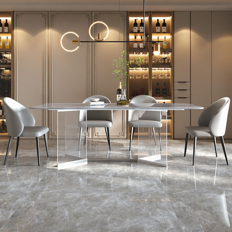 White Rectangular Marble Tabletop Dining Table, 29.53"H x 78.74"L x 39.37"W