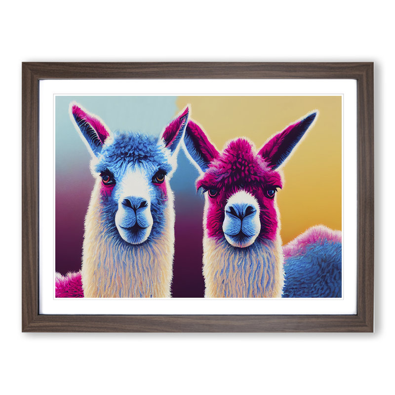 Colourful Llamas Vol.3 - Painting, Walnut Framed, 25cm H x 34cm W x 2cm D