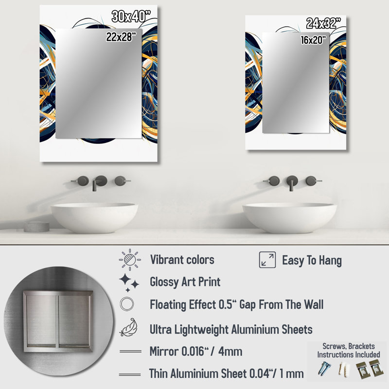 Helix Expression Abstract Yellow And Blue - Waves Mirror, Modern Decorative Wall Mirror, Printed Metal Art, 40" x 30"