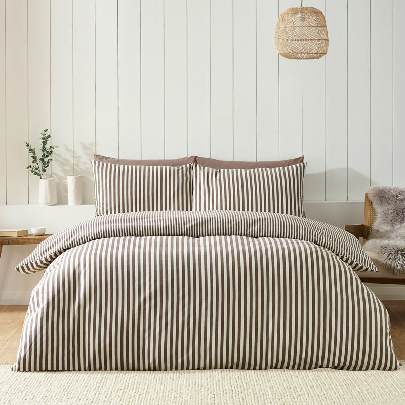 Brushed Stripe Cotton Reversible Duvet Cover Set, Double, Chocolate
