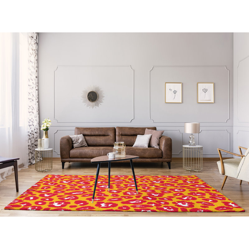 Tapis jaune / rouge / blanc à imprimé animal, Rectangle 8 pi x 10 pi