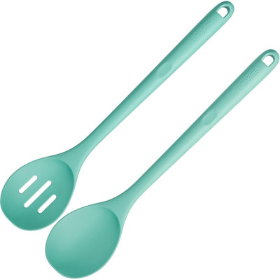 600°F Heat Resistant Silicone Spoons: U-Taste 13.3in Solid & Slotted Kitchen Cooking Tool, Nonstick Long Rubber Utensil, Sturdy for Mixing, Serving, Stirring, Frying, Basting (Aqua Sky, 2PCS)