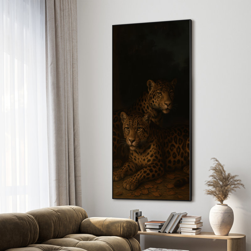 Très grand art mural imprimé sur tissu - Deux léopards se reposant dans une forêt sombre, décoration artistique pour le salon ou la chambre à coucher - «Assemblage requis du cadre (cadre non fini)»
