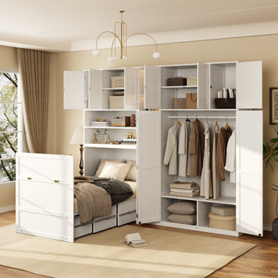 Twin Size Murphy Cabinet Bed with Wardrobe & Storage Shelves, 5-Tier LED Display Shelves, Overhead Cabinets, White