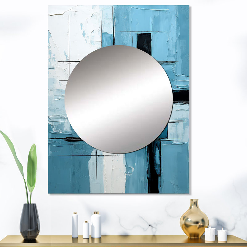 Niem cubique bleu et blanc à l'océan - miroir décoratif abstrait, grand miroir mural bleu, impression d'art en métal