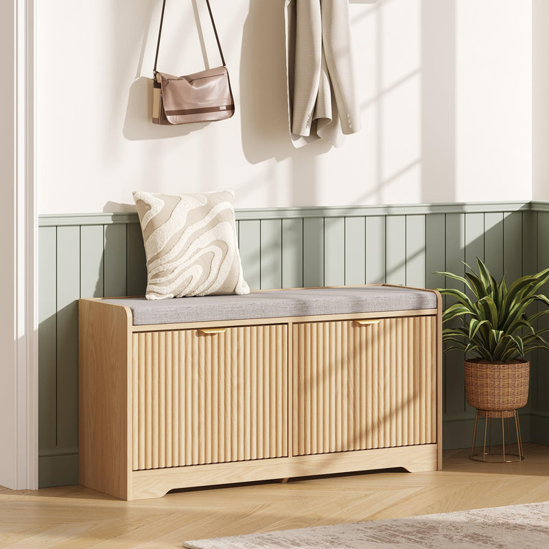 Banc à chaussures cannelé de 100 cm avec rangement, Natural