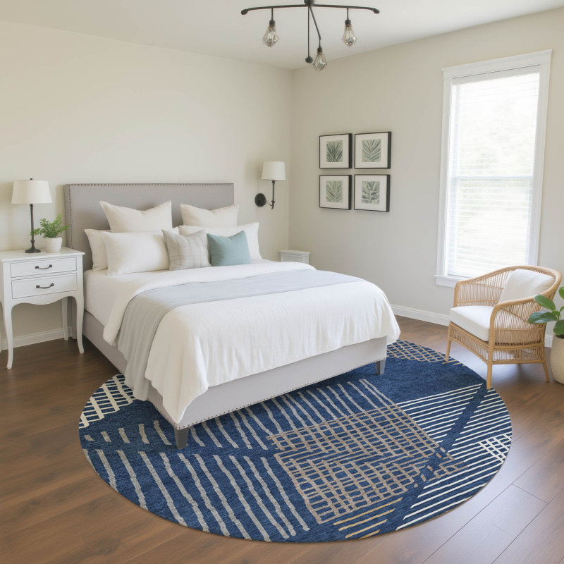 Premium Machine Washable Mayfield AMF2270 Striped Rug, Navy, 8' Round