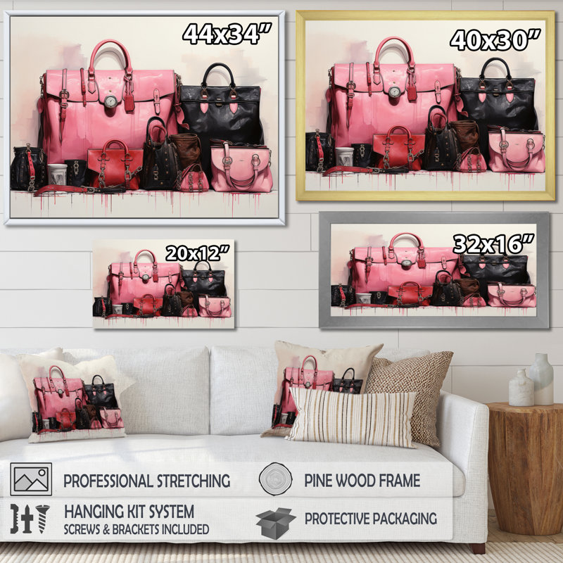 " Pink Designer Bags Glamour I ", H 34 po x l 44 po x P 1,5 po, Cadre doré à une seule photo