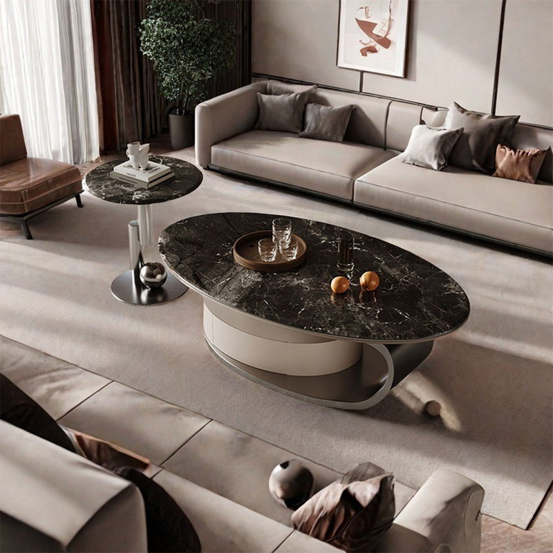 Table basse ovale en pierre supercristalline, Noir, noir, noir, noir, H 16,5 po x L 47,2 po x l 27,6 po