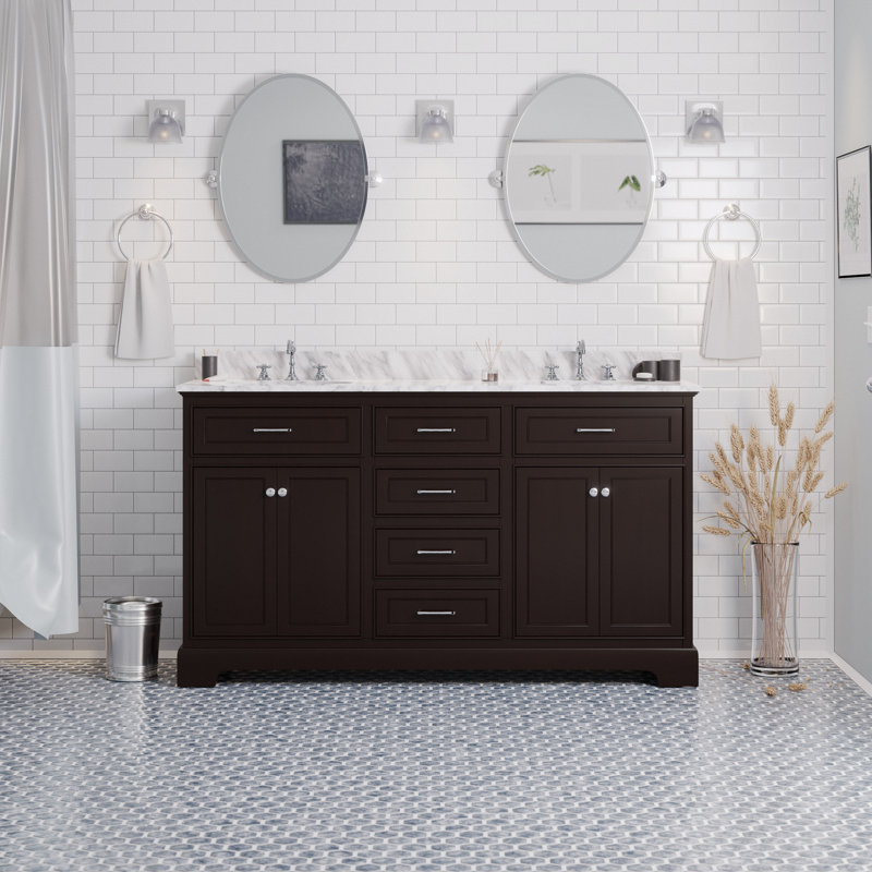 Ensemble de meuble-lavabo double 60 po Ronnie, Chocolat, Marbre de Carrare