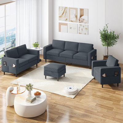 Modern Sofa, Loveseat And Single Seat Set - Durable 4-piece Living Room Furniture, Sturdy L-shaped Sectional Couch With Storage Ottoman, Space-saving by Ebern Designs