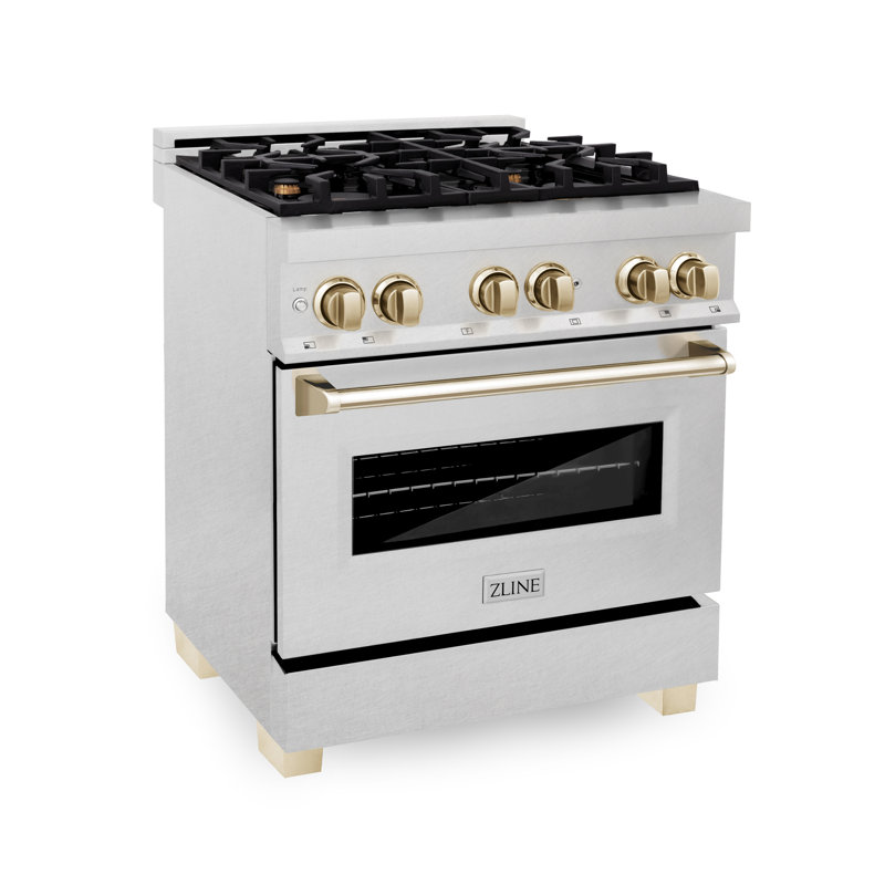 ZLINE Autograph 30" Legacy Dual Fuel Range in DuraSnow® Steel, Gold Satin Stainless Steel