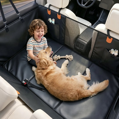Waterproof PU Leather Dog Car Seat Cover with Hard Bottom, Back Seat Hammock Protector with Mesh Window and Safety Belt, Fits Cars and SUVs