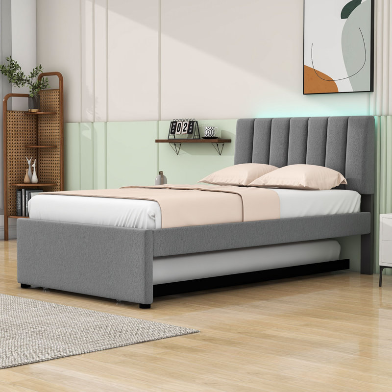 Lit plateforme tapissier simple avec lit gigogne simple Rikelme, gris