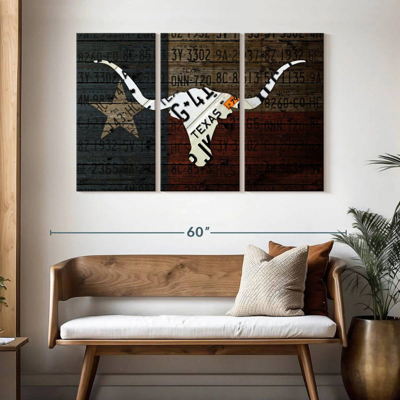 Art de Longhorn avec drapeau, H 32 po x l 50 po