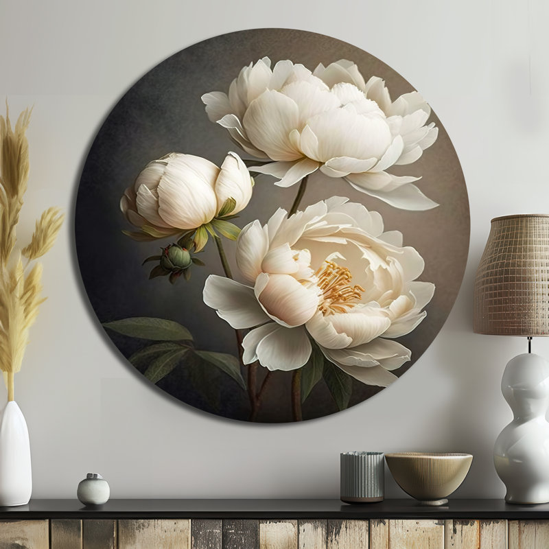 Pivoine fleur IV - Décoration murale ronde en métal, H 29 po x l 29 po