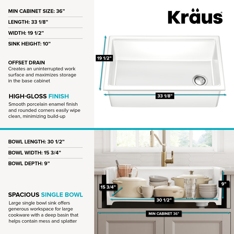 KRAUS Turino™ 33" L Fireclay Workstation Drop-In / Undermount Single Bowl Kitchen Sink, Gloss White