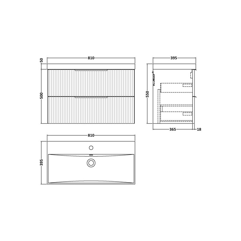 Fluted 810mm Single Bathroom Vanity with Drop In Vitreous China Basin, Satin Grey