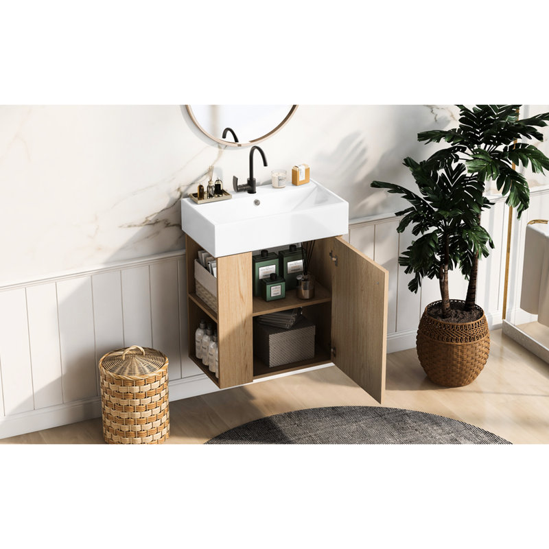 Meuble-lavabo flottant mural de 21,6 po, lavabo en céramique, trou unique, porte ondulée, fermeture en douceur, meuble-lavabo latéral avec poignée en or rose,