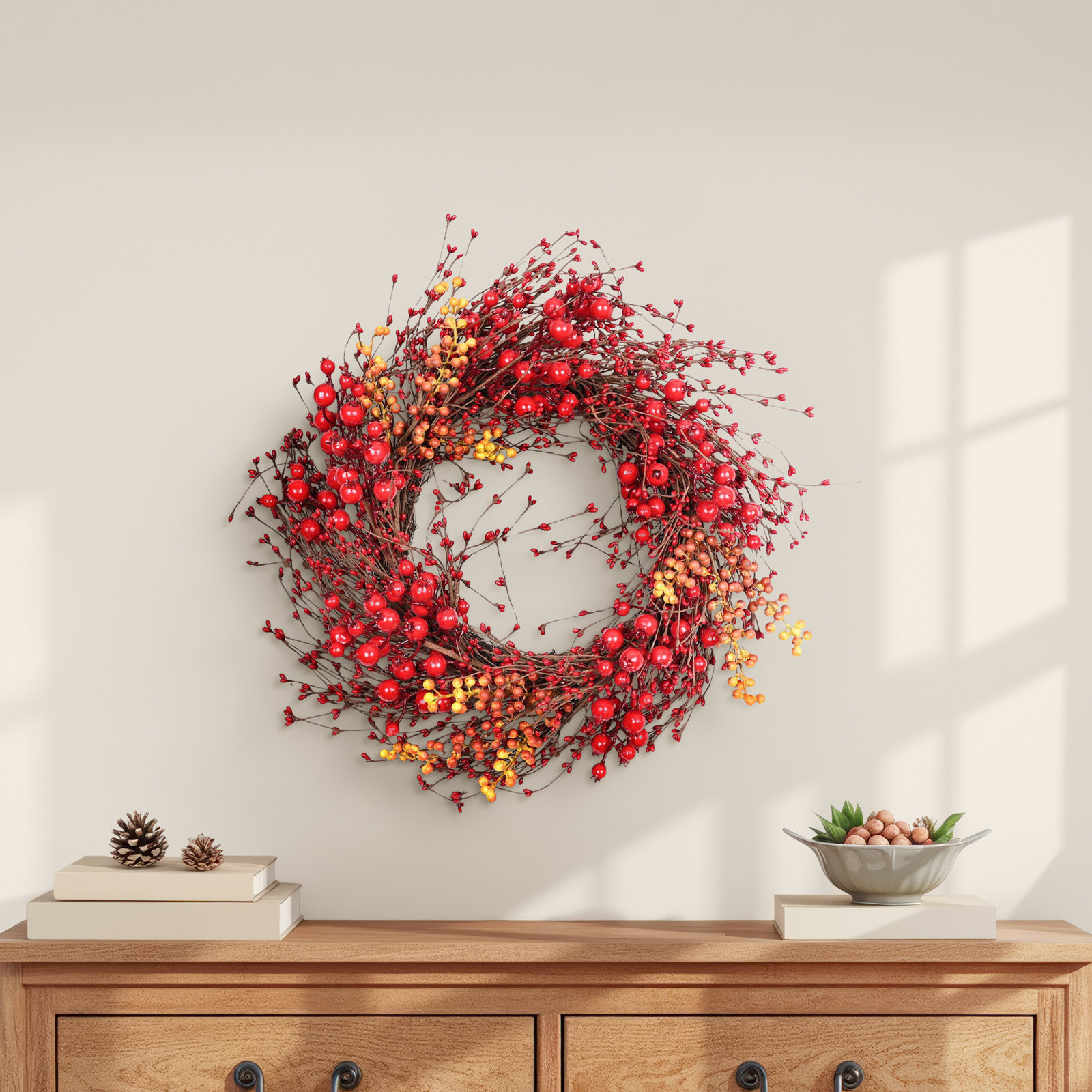 22" Farmhouse Faux Pip Berry Winter Christmas Wreath For Front Door