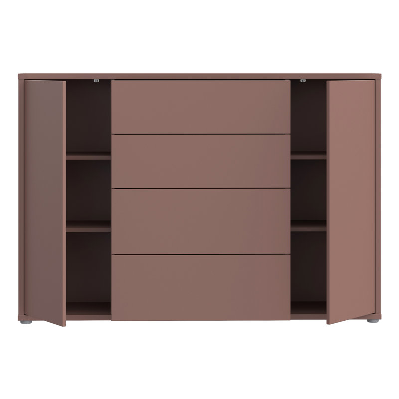 Modern 4-drawer, 2-door sideboard, engineered wood, 143.9 cm W x 99.1 cm H x 34.9 cm D, Brown
