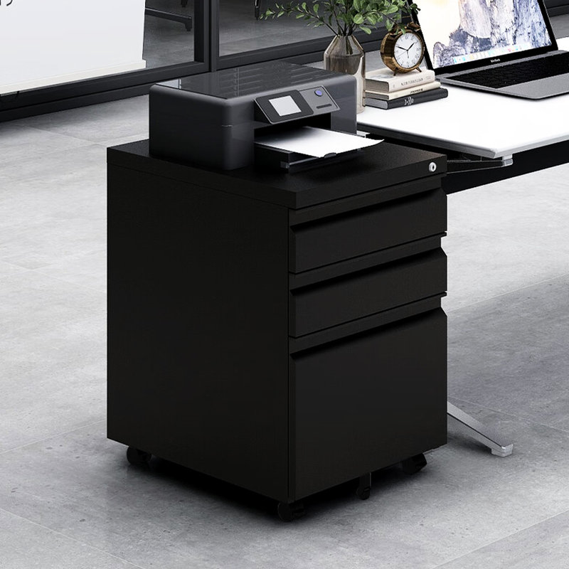 Classeur mobile noir à 3 tiroirs, idéal pour le travail de bureau, tiroirs verrouillables avec 2 clés, 1 plateau à crayons, troisième rangement pour imprimante et toner, tiges amovibles, 5 mouvements, solution d'assemblage facile