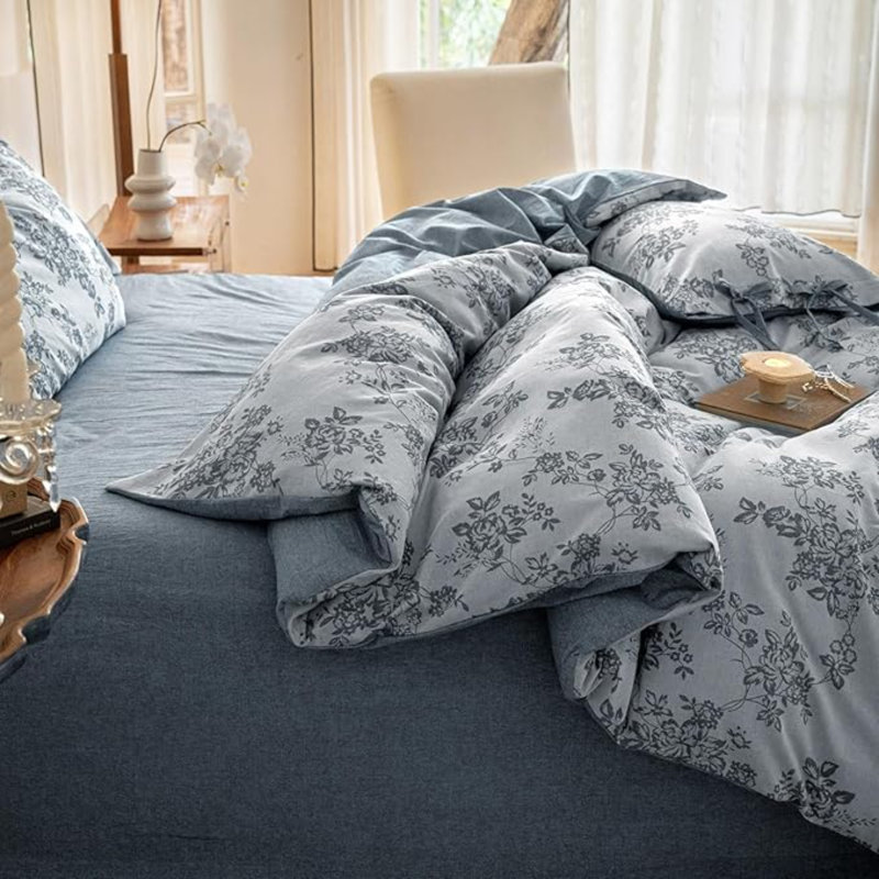 Retro Monet Linen Bowknot Cotton Duvet Cover Set, King Duvet Cover + 2 King Pillowcases, Blue