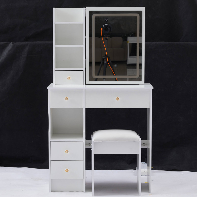 29.2" Small Size Left Drawer Desktop Vanity Table + Cushioned Stool, Large Sliding, Touch Control, Tri-Color Switching, Brightness Adjust LED Mirror, High Capacity Storage, Suitable For Small Space