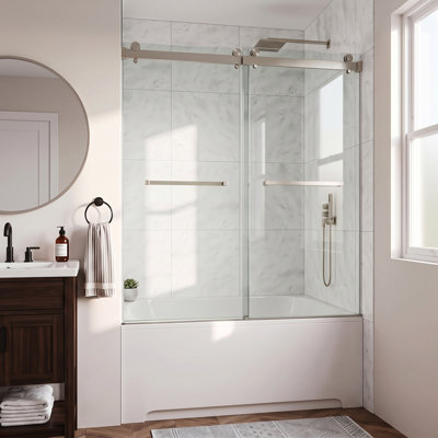 62"-67" W X 66" H Frameless Double Sliding Shower Tub Door in Shatter-Resistant Film with 3/8" (10mm) Tempered Glass and Quiet Rollers