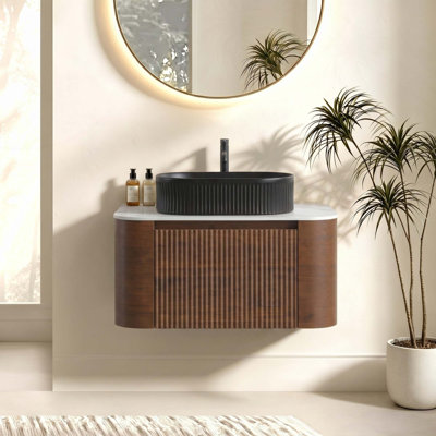 Meuble-lavabo flottant mural de 30 po avec lavabo, armoire avec porte-serviettes gratuit, lavabo simple en céramique rayé ovale, sans bonde ni robinet, pré-assemblé