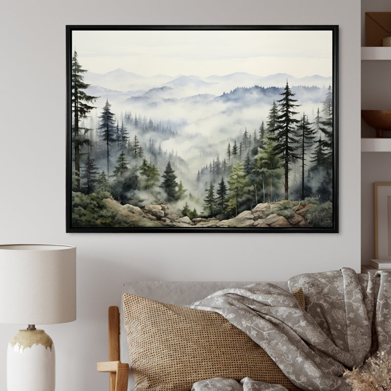 «Pine Tree Misty Mountain I», art sur toile de pin, Reproduction avec cadre flottant, H 24 po x l 32 po, Noir