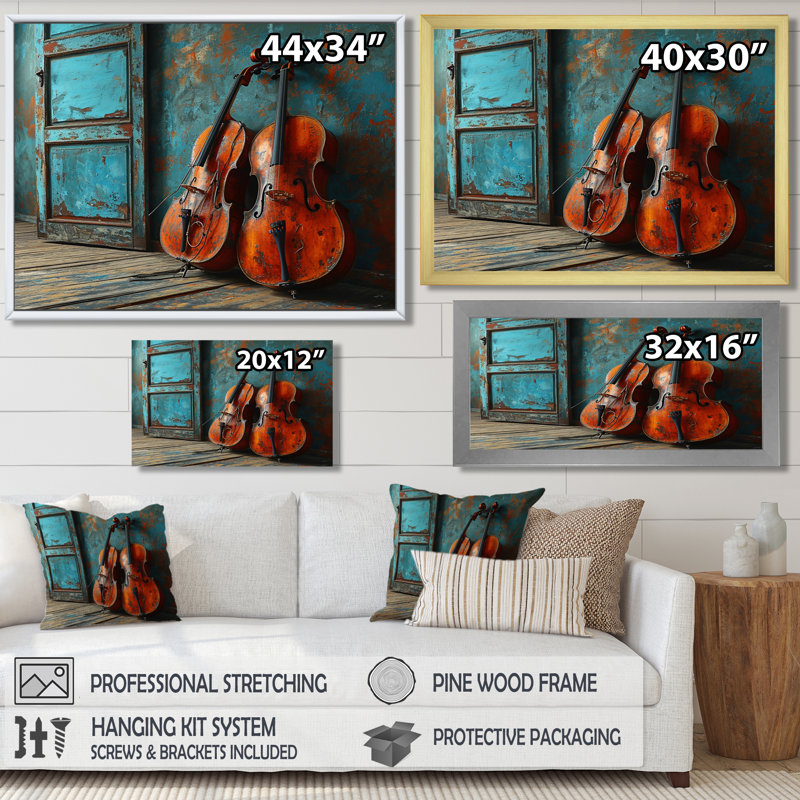 Deux violons dans une chambre bleue sarcelle rustique - musique, art mural, H 12 po x l 20 po x P 1 po