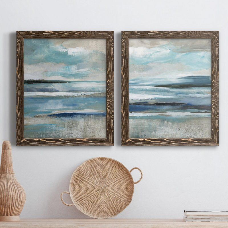 «Distant Drama I», ensemble de 2 peintures sur toile encadrées, Encadré de bois de noyer, H 37,5 po x l 55 po x P 1,5 po