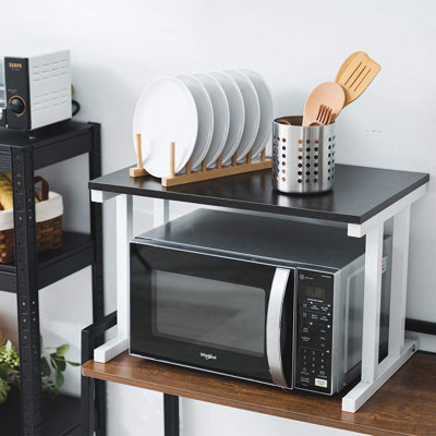 Grille de four à micro-ondes en bois, tablette de comptoir de cuisine à 2 niveaux, organisateur d'économie d'espace de cuisine, organisateur de comptoir à deux niveaux - noir