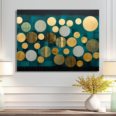 Golden Circles Dance On Teal Blue - Abstract Geometric Wall Art