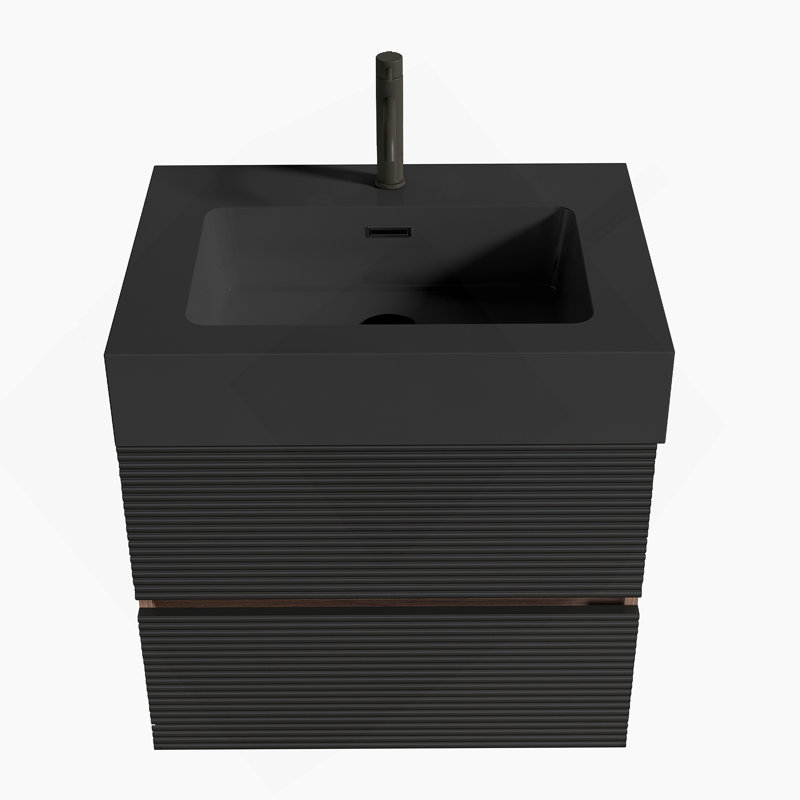 Meuble-lavabo 24 po Grace avec lavabo en quartz noir mat et tiroirs noir doux, meuble-lavabo mural flottant pour salle de bain moderne, lavabo une pièce noir mat