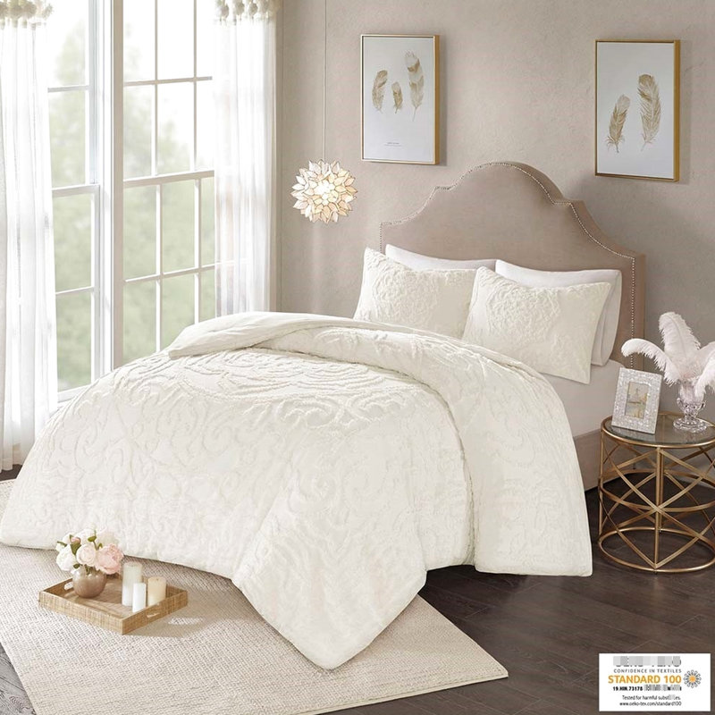 Édredon en coton chenille pour lit simple / simple TG, Blanc cassé, Édredon simple + 1 Taie décorative