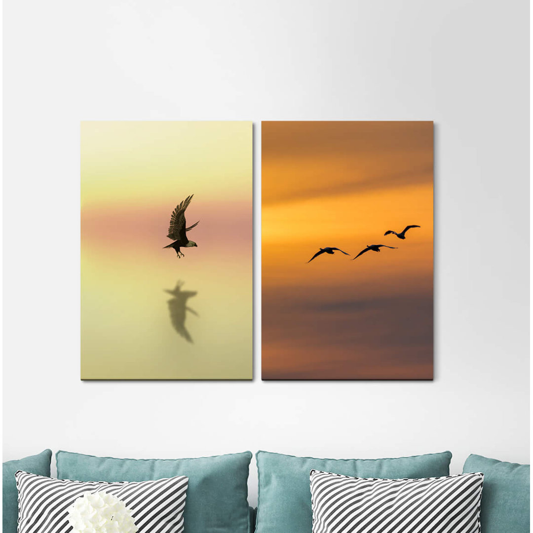 2-tlg. Leinwandbilder-Set - Grafikdruck „Birds Flight Freedom Dusk Twilight Bald Eagle Sky Evening Red”