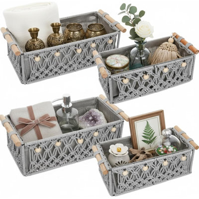 4 paniers de rangement en macramé gris avec poignée en bois 4 pièces