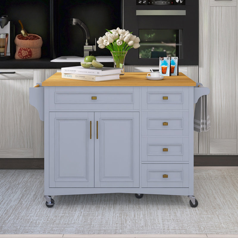52" Drop-Leaf Countertop Kitchen Cart With Spice Rack & Towel Rack, Blue