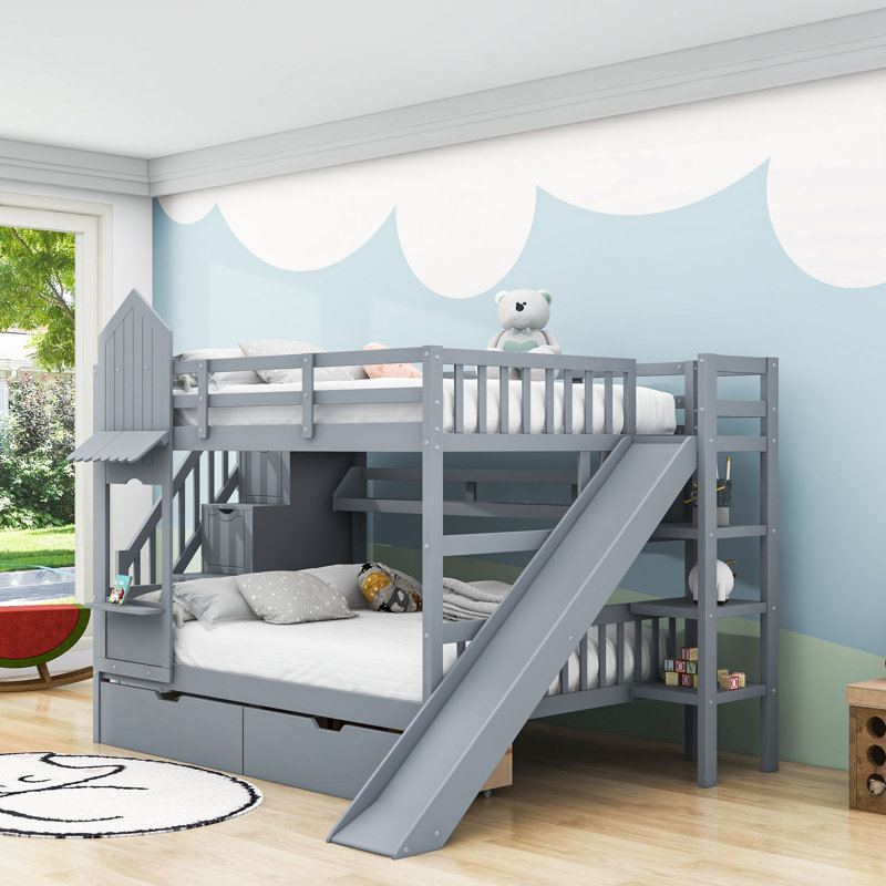 Hayyaan Kids Bunk Bed with 2 Drawers, Shelves and Slide, Full Over Full, Gray