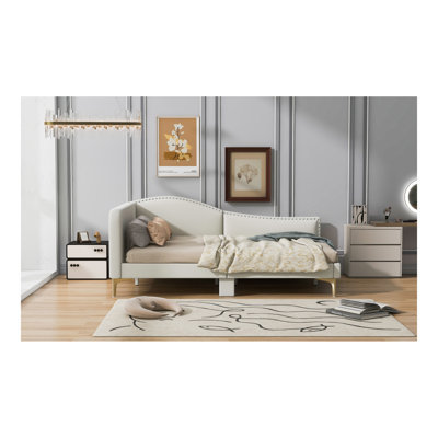 Upholstered Daybed with Headboard and Armrest, Support Legs