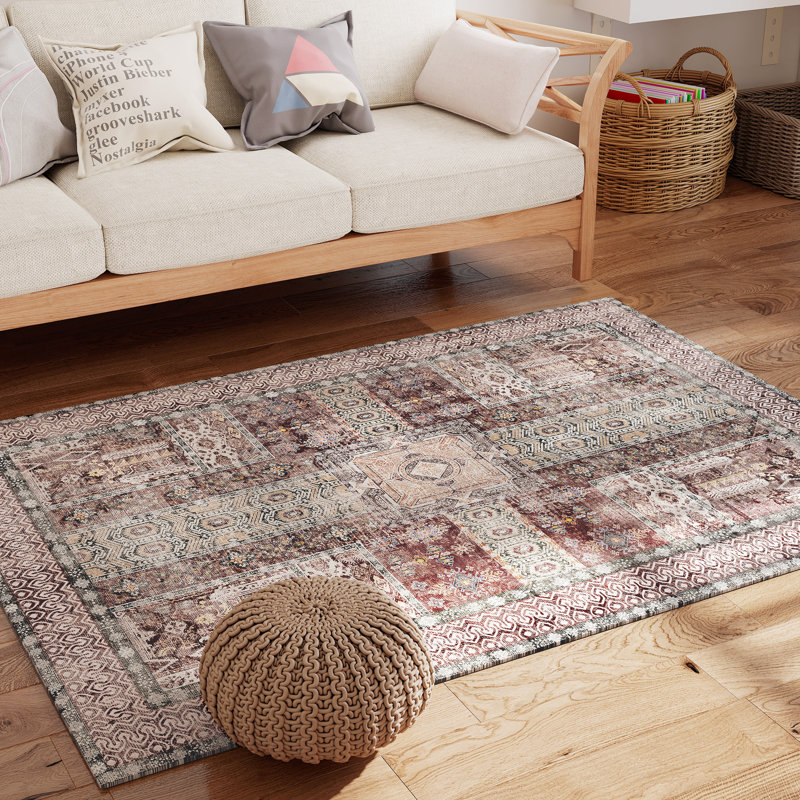 Living Room Rug 5x7 ft Rust Red Area Rug Machine Washable Rug, Non Slip Vintage Rug Stain Resistant Indoor Large Carpet for Bedroom, Boho Rug, Distressed Retro Floor Rug for Classroom, Dorm, Dining Room