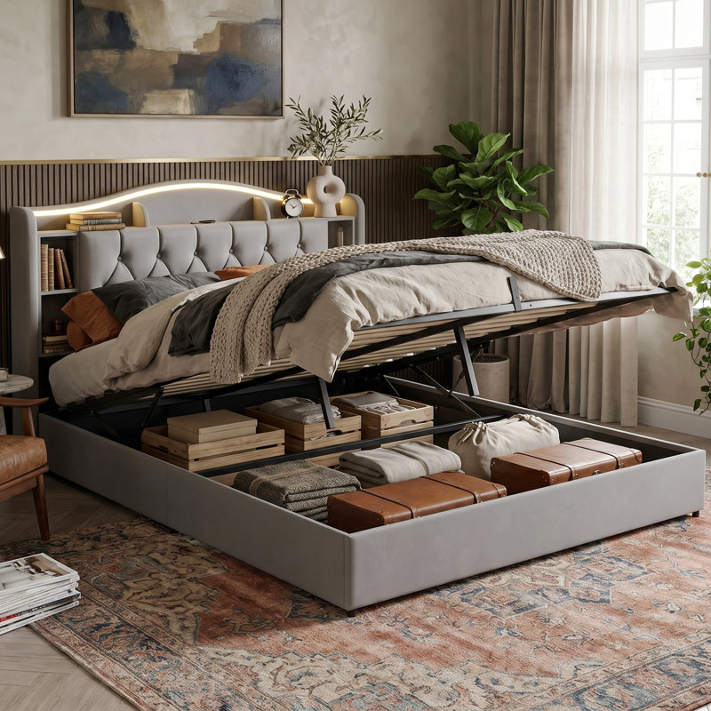 EU Double & King Velvet Ottoman Bed with Smart LED & Wireless Charging, Storage Headboard, 140/160x200cm in Grey/Beige, Grey