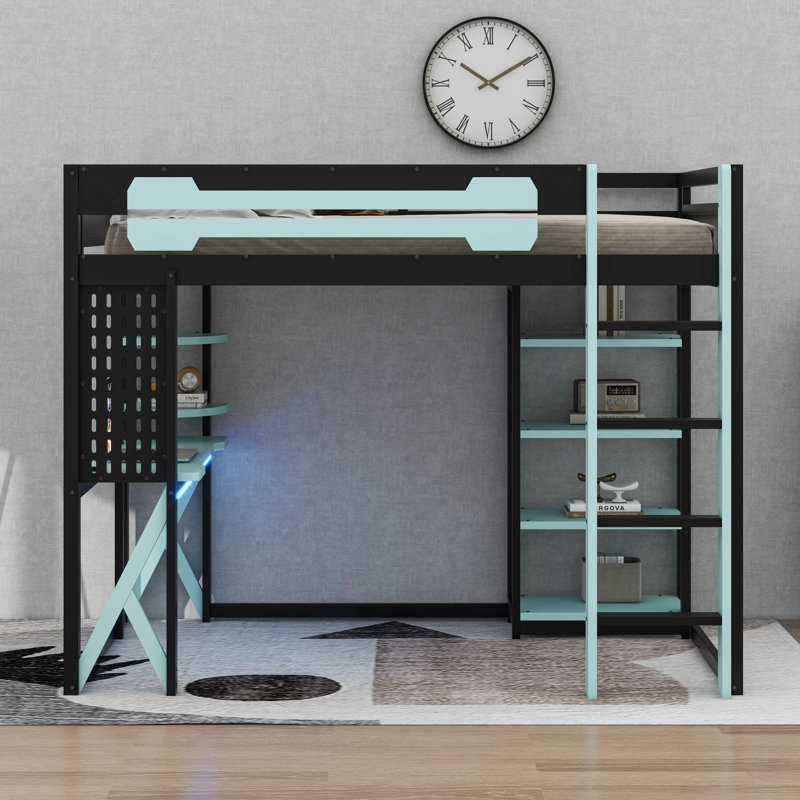 Full Size Wood Loft Bed With LED, Desk And Shelves, Wood Gaming Loft Bed, Black/Blue