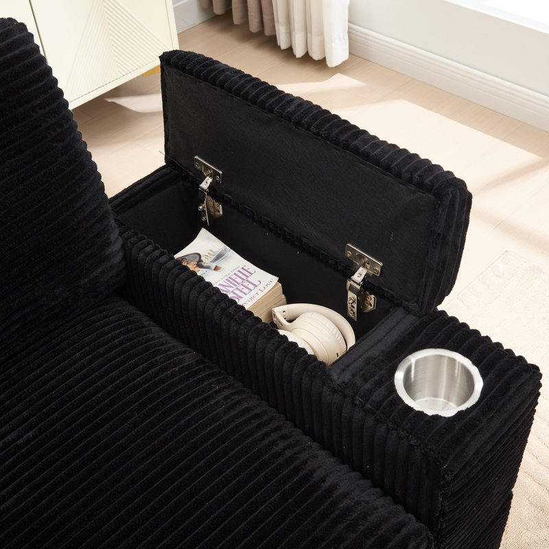 86.6" Upholstered Sofa Corduroy 3-Seater Sofa Deep Seat Couch With Movable Ottoman, Armrest Storage, USB And Cup Holder